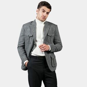 Banana Republic Wool Blend Men 44L Grey Tweed Blazer Herringbone